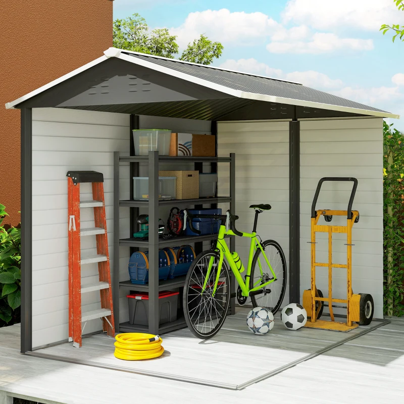 Outsunny 9' x 6' Garden Shed, Outdoor Storage Patio Shed w/ Sloped Roof, Lockable Door for Patio Lawn, Dark Grey