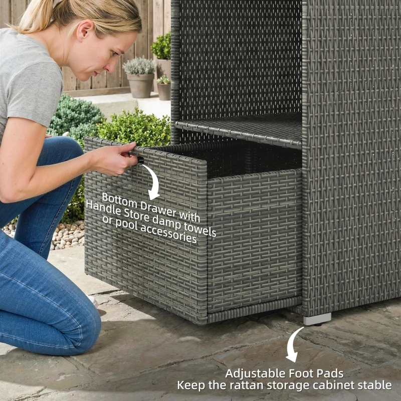 Outsunny Valet Pool Towel Rack, Water-Resistant PE Plastic Rattan Wicker Storage Organizer, 2 Shelves, 1 Basket Drawer, Dark Gray