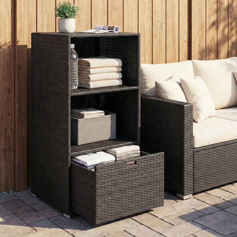 Outsunny Valet Pool Towel Rack, Water-Resistant PE Plastic Rattan Wicker Storage Organizer, 2 Shelves, 1 Basket Drawer