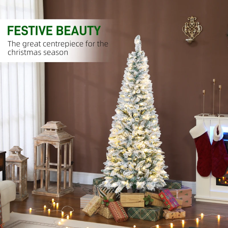 HOMCOM 5ft Flocked Christmas Tree with Dual Colour LED Light, Pencil Hinged Xmas Tree with 11 Light Modes, Easy Assembly