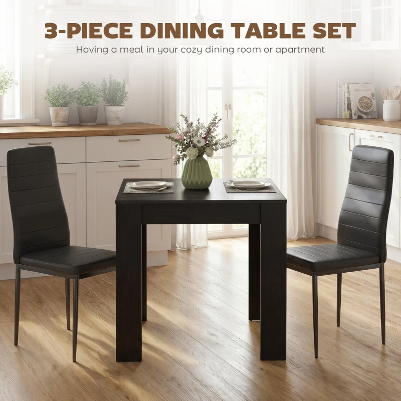 HOMCOM Dining Table Set for 2, Square Kitchen Table and Chairs, Dining Room Table and PU Leather Upholstered Chairs, Black