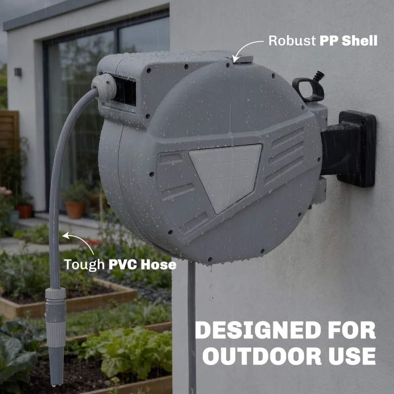 Outsunny Retractable Garden Hose Reel, 1/2" x 66ft Wall Mounted Hose Reel with Auto Retraction, Self-Locking, Grey