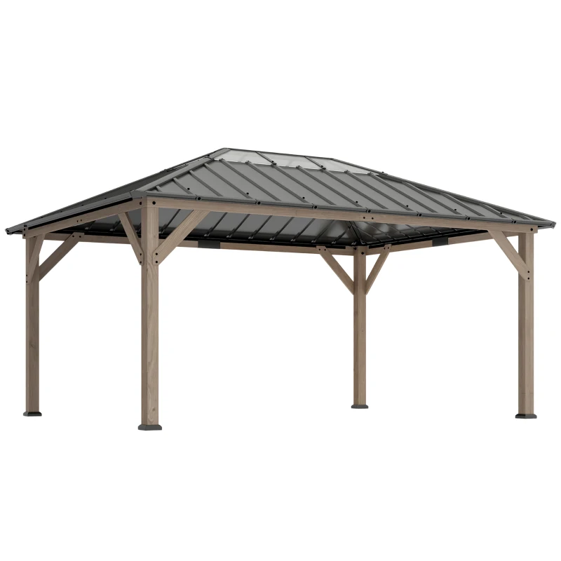 Outsunny 12' x 16' Hardtop Gazebo with Galvanized Steel Roof, UPF50+ Wood Permanent Pavilion with Clear Roof Top, Light Walnut