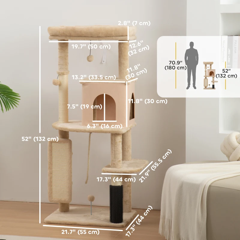 PawHut 52 Inch Cat Tree with Scratching Posts, Cat Bed, Condo, Grooming Brush, Jumping Platforms, Toy Balls, Anti-tip Kit