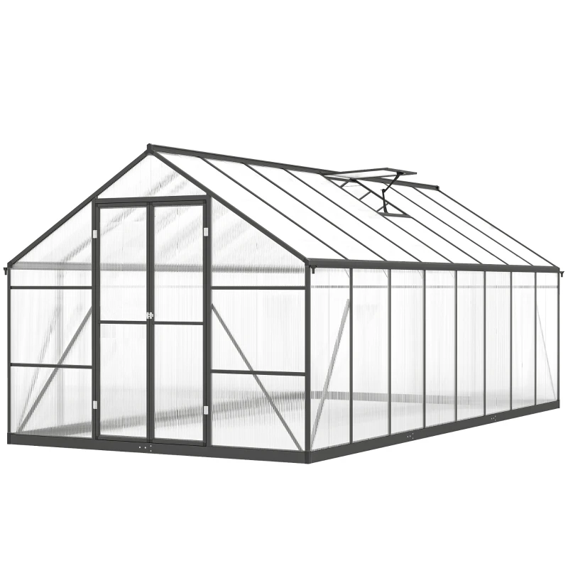 Outsunny Polycarbonate Greenhouse, Walk-in Green House with Two Top Windows, Rain Gutter and Swing Door, 8' x 16' x 7', Dark Grey