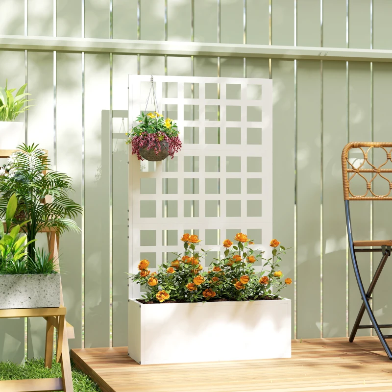 Outsunny Galvanized Raised Garden Bed Planter Box with Trellis for Climbing Plants, Vegetable, Vines, 24" x 9" x 44.5", White