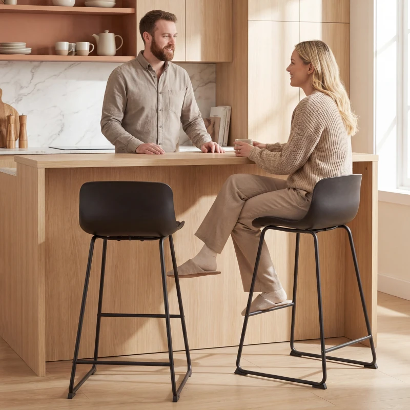 HOMCOM Modern Bar Stools Set of 2, PU Leather Barstools, Counter Height Kitchen Chairs for Breakfast Bars, Dining Room, Black