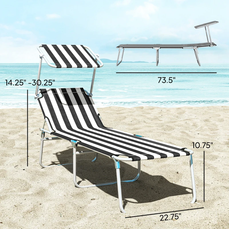 Outsunny Outdoor Pool Chaise Lounge Chair, Folding Tanning Chair with Sun Shade, Black and White