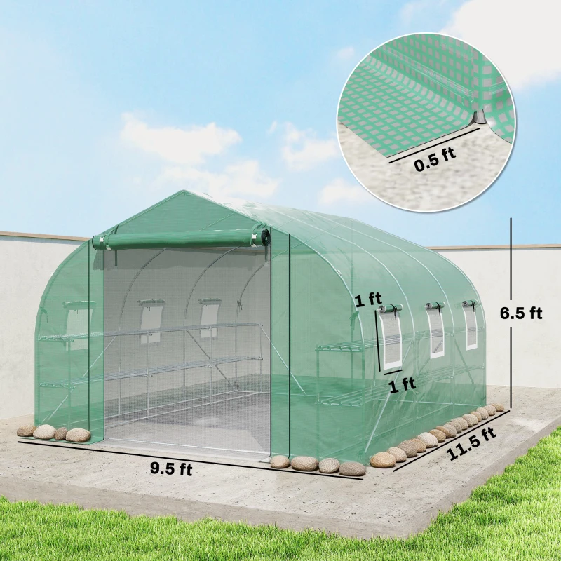 Outsunny 10'x11'x6' Walk-in Tunnel Greenhouse with Shelves, Mesh Door and Windows, Plant Hot House with PE Cover, Green