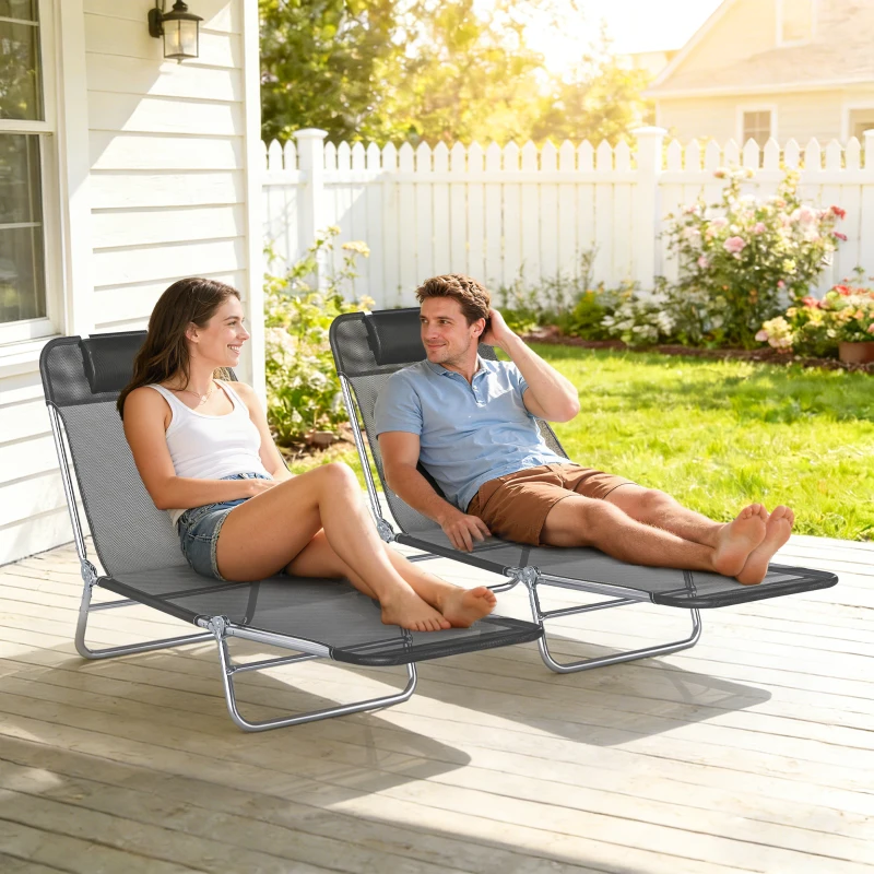 Outsunny 2 Piece Sun Loungers, Folding Chaise Lounge Chairs with Reclining Back, Breathable Mesh Seat, Headrest, Black