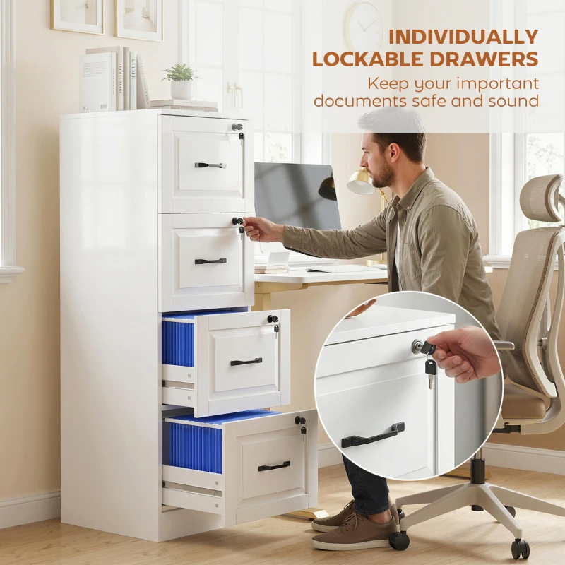 HOMCOM 4 Drawer File Cabinet with Lock, Vertical Filing Cabinet with Adjustable Hanging Bars for A4 and Letter Size, White