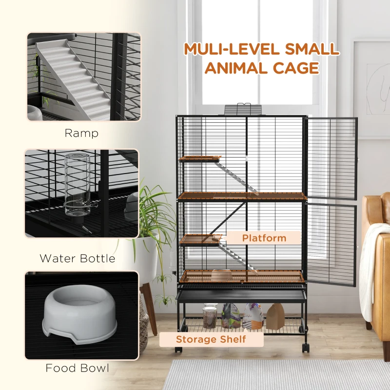 PawHut Rolling Small Animal Cage 54"H Chinchilla Cage for Ferrets, Squirrels w/ Removable Tray, Storage Shelf, Black