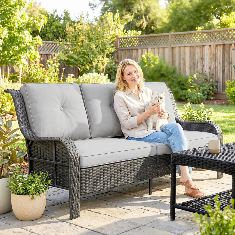 Outsunny Wicker Patio Sofa with Cushions, 3 Seater Rattan Outdoor Couch for Patio, Garden, Porch, Backyard, Light Grey