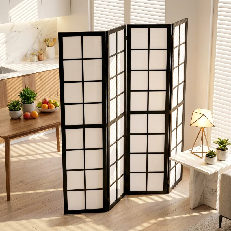 HOMCOM 4 Panel Room Divider, 5.6 ft Folding Wall Divider Room Partition for Home Office, Bedroom, Living Room, Black