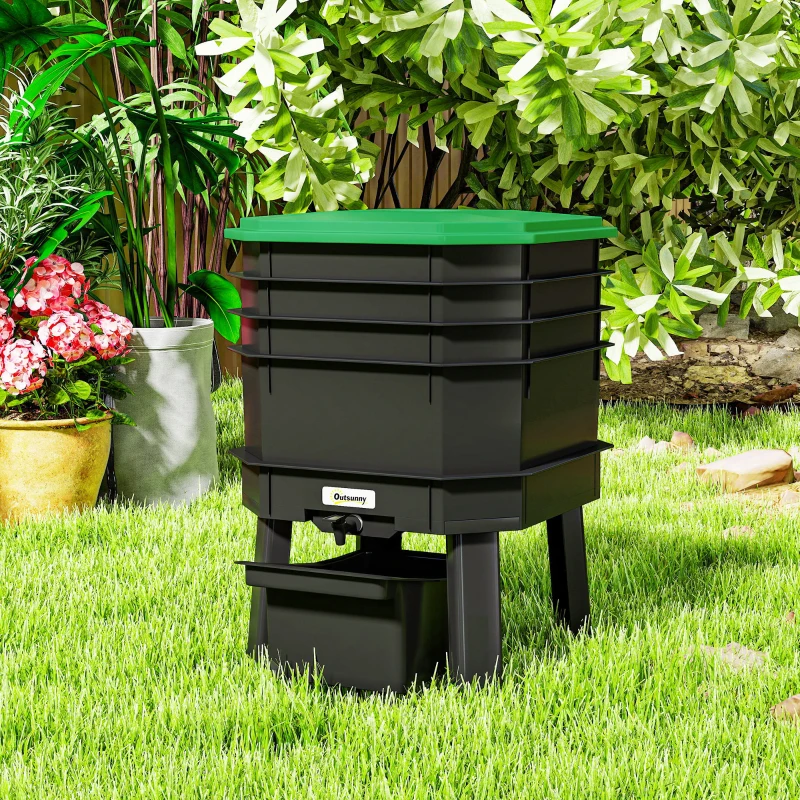 Outsunny 4-Tray Worm Composter Bin, 7.4 Gal Outdoor & Indoor Worm Composter for Recycling Food Waste, Dark Green
