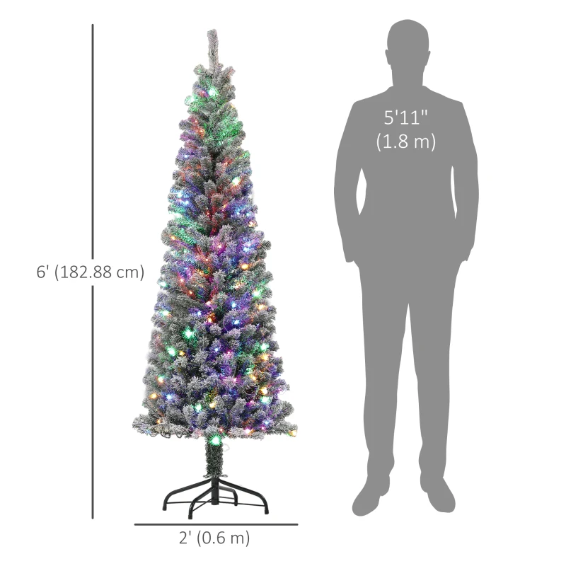 HOMCOM 6ft Prelit Pencil Artificial Christmas Tree, Flocked Xmas Tree with Remote, Dual Colour LEDs, 429 Tips, Metal Stand