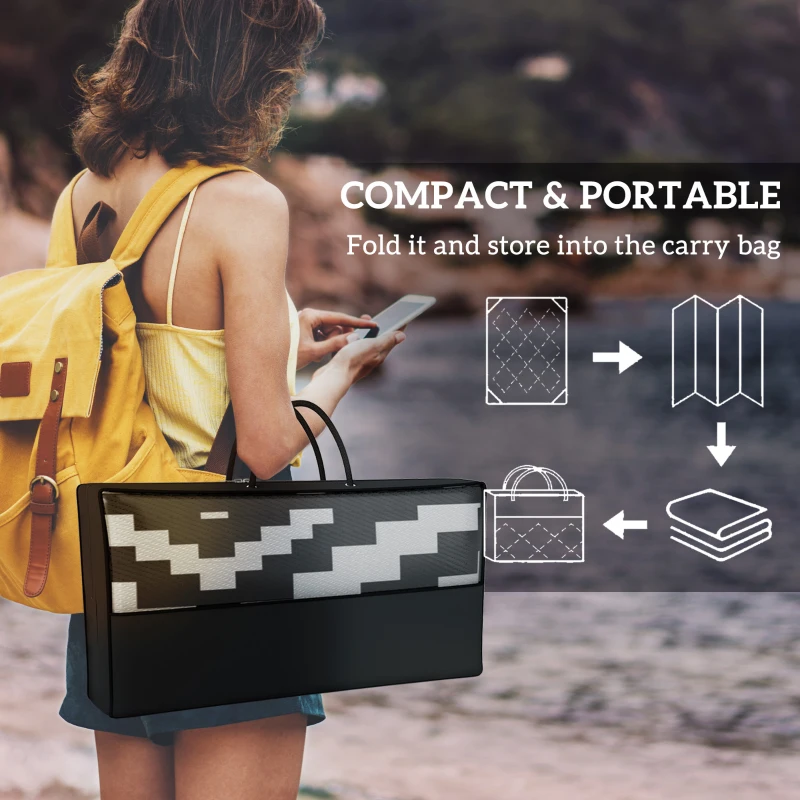 Outsunny Outdoor Rug Carpet Reversible Plastic Straw Rug with LED Lights Black and White 10' x 8' for Patio