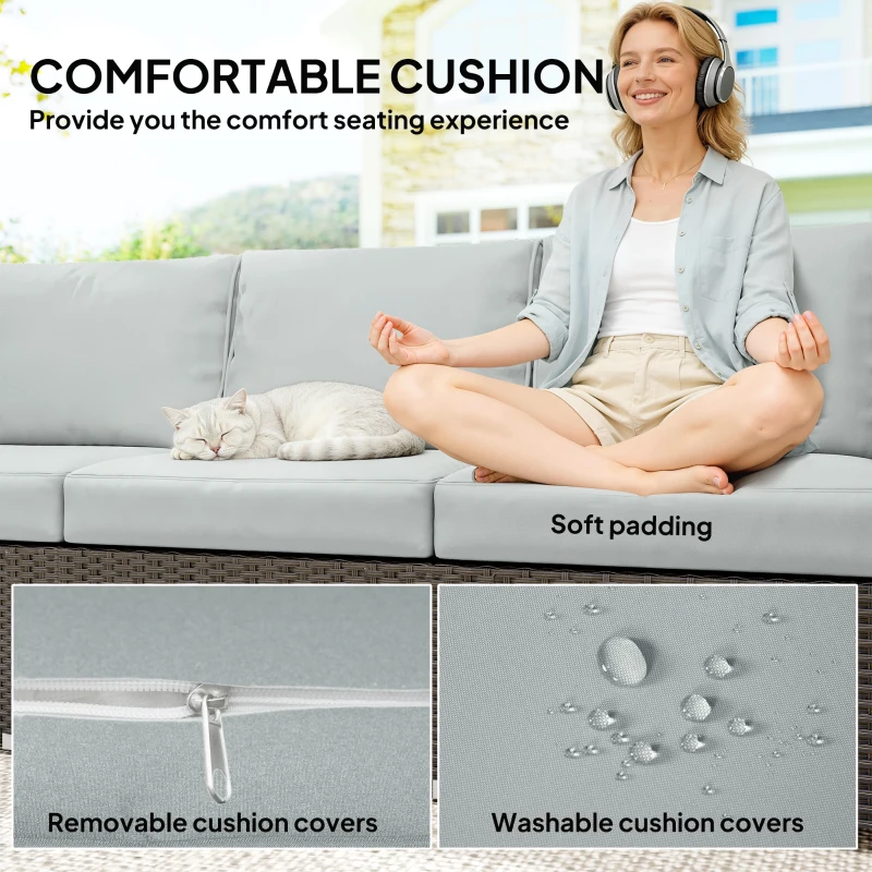 Outsunny 3-Seater Outdoor Sofa Couch, Wicker Patio Sofa with Wood Effect Armrests and Thick Cushions, Grey