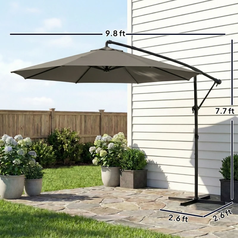 Outsunny 10 ft Offset Patio Umbrella with Cover, Hanging Cantilever Umbrella with 360° Rotation, Crank Handle, Tilt, Gray