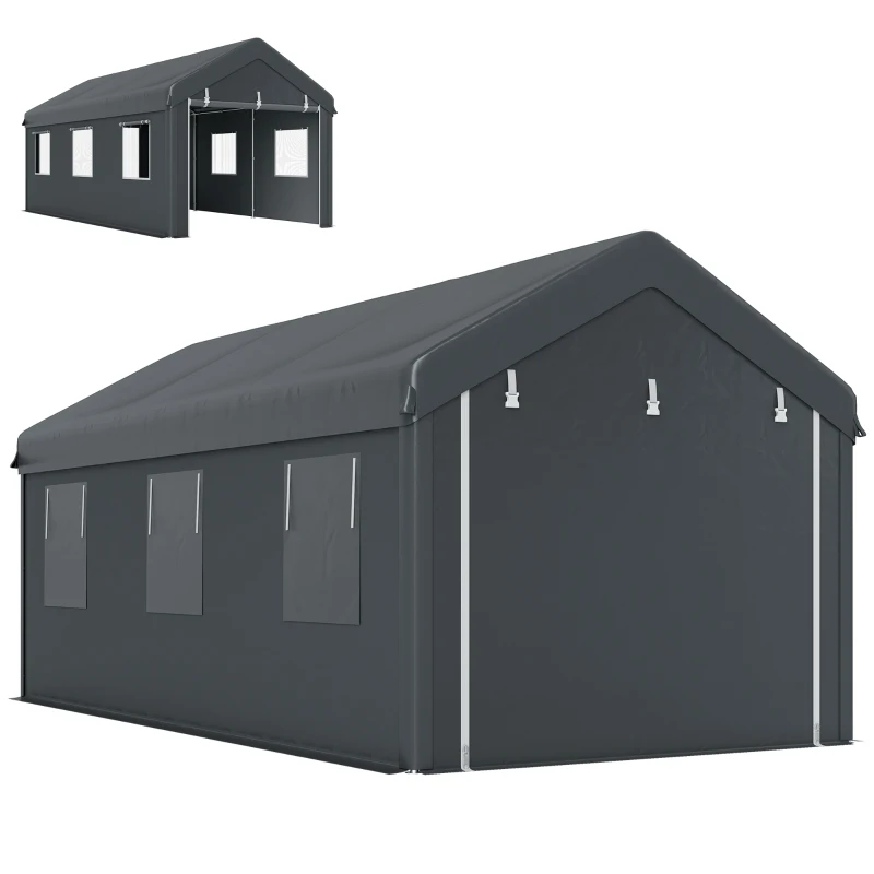 Outsunny 10' x 20' Carport, Heavy Duty Portable Garage with 6 Mesh Windows and 2 Doors, Dark Grey