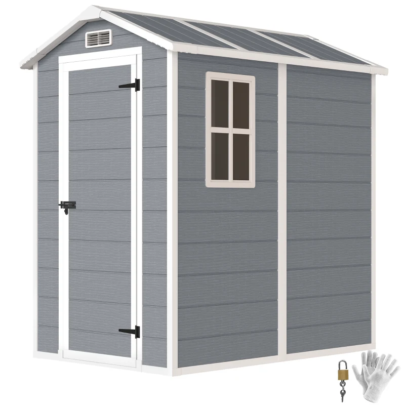Outsunny 6' x 4' Outdoor Storage Shed, Plastic Shed with Floor, Window, Lockable Door and Vents for Outdoor Patio Storage, Gray