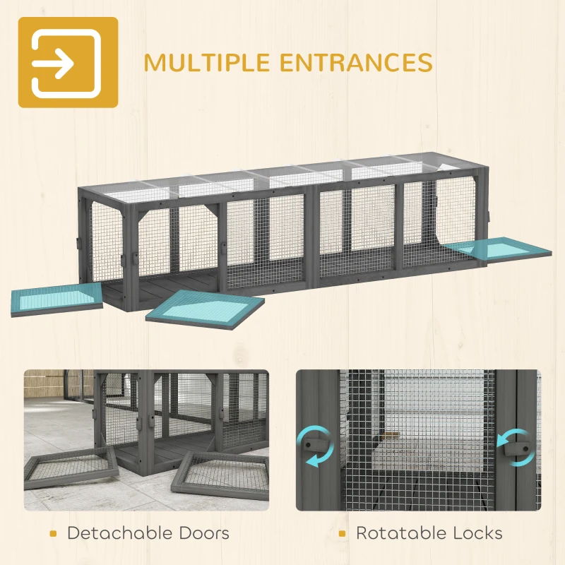 PawHut Outdoor Cat Tunnel, Wooden Play Cat Enclosure, Extendable Pet Run with 3 Doors, for Indoor and Outdoor Use, Grey
