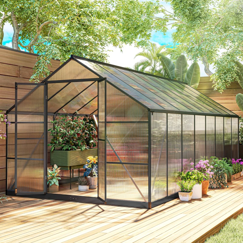 Outsunny Polycarbonate Greenhouse, Walk-in Green House with Two Top Windows, Rain Gutter and Swing Door, 8' x 16' x 7', Dark Grey