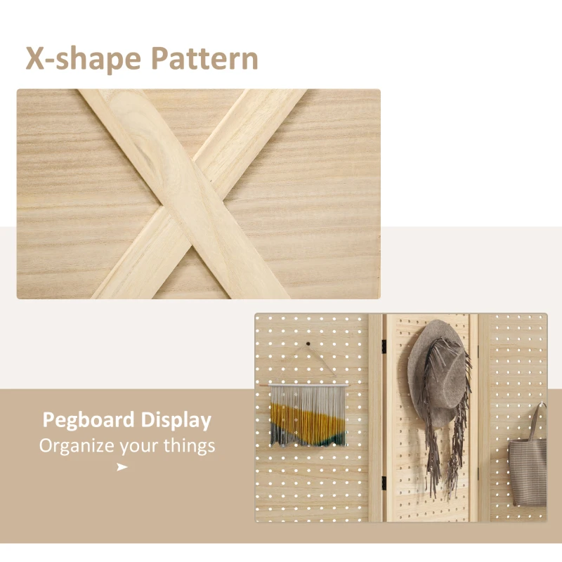 HOMCOM 4.7' 3 Panel Wooden Room Divider with Pegboard Display, Folding Privacy Screen for Home Office, Natural