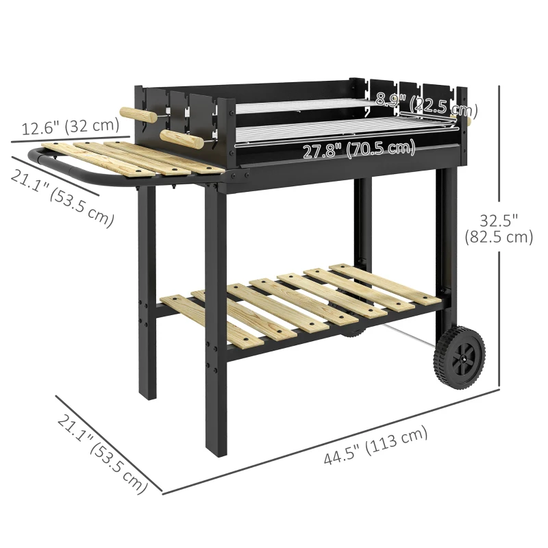 Outsunny Charcoal Grill,Barbecue Trolley with Double Adjustable Grill, Side Table, Storage Shelf and Wheels, Black