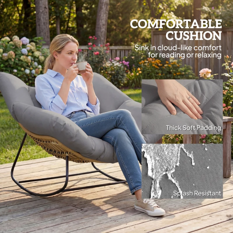 Outsunny Indoor Outdoor Papasan Rocking Chair, Oversized Rocking Egg Chair with Cushion for Garden, Patio, Grey