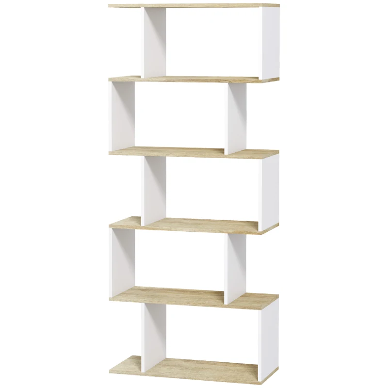 HOMCOM 5-Tier Bookshelf, Geometric S Shaped Bookcase, Tall Narrow Display Shelf for for Living Room, Study Room, White