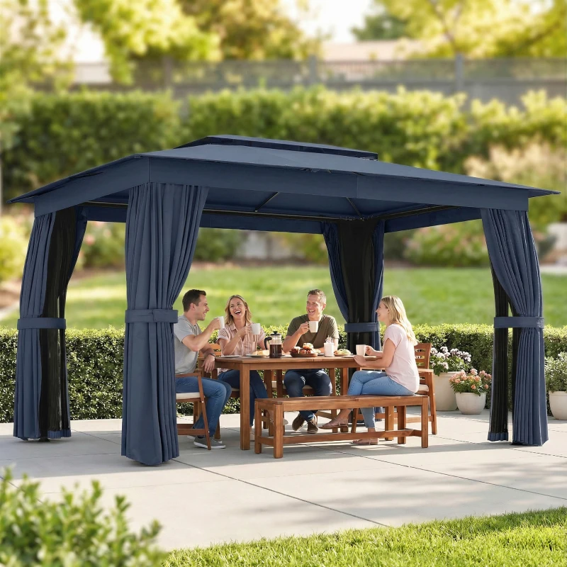 Outsunny 10' x 12' Outdoor Patio Gazebo, Soft Top Gazebo Canopy Shelter with Curtains, Netting, Steel Frame, Hooks, Blue