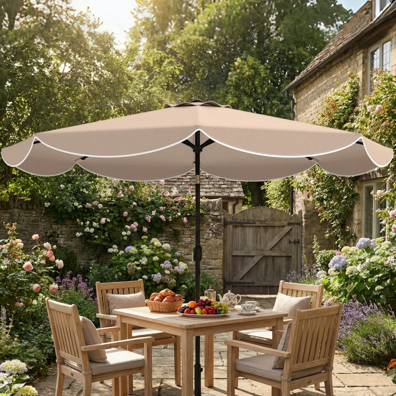 Outsunny 9' x 9' Round Market Umbrella with Valance, Patio Umbrella with Tilt and Crank, for Garden, Deck, Poolside, Khaki