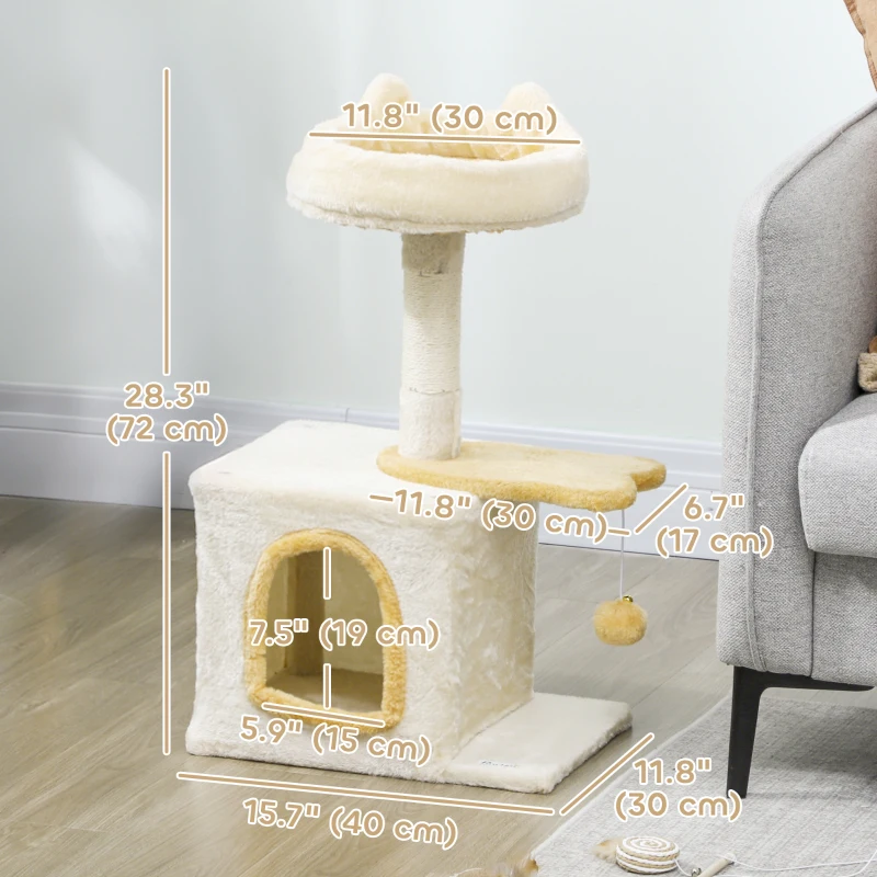PawHut 28" Cat Tree Tower with Plush Top Bed, Cozy Condo, Sisal Scratching Post, Perch, Dangling Ball, Beige and Yellow