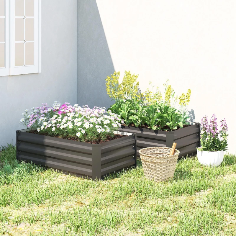 Outsunny Set of 2 Galvanized Raised Beds for Garden, Outdoor Planter Box for Flowers, Herbs and Vegetables, Black