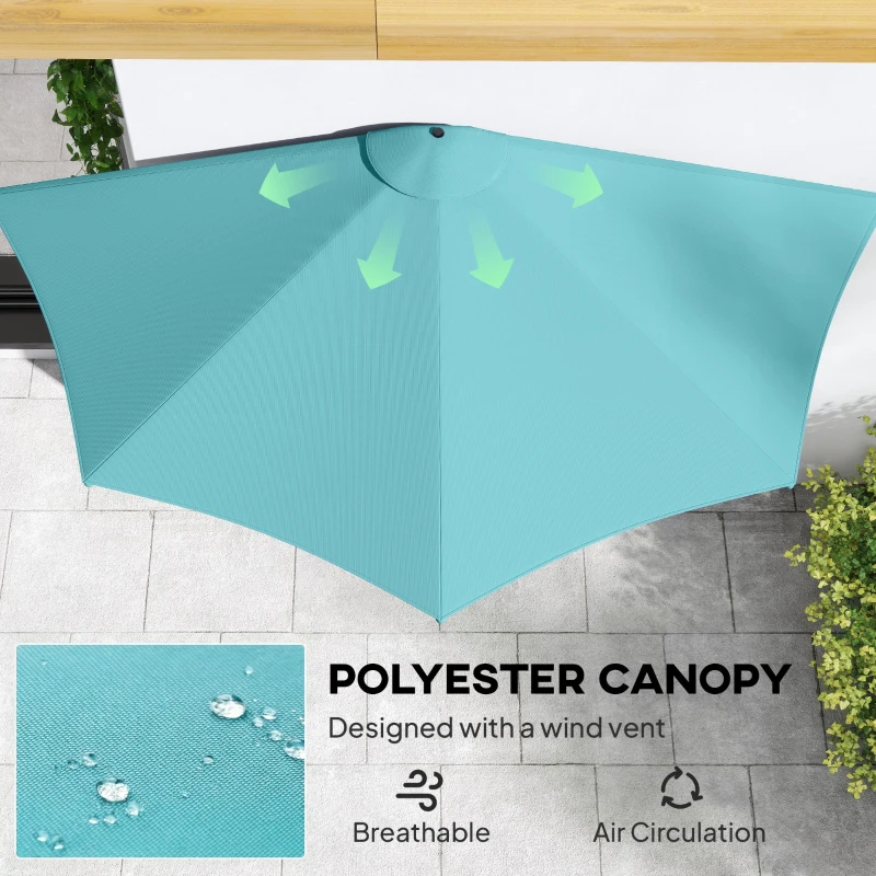 Outsunny 9.8ft Half Umbrella Semi Round Patio Parasol with Crank Handle, Top Vent for Garden, Balcony- NO BASE INCLUDED, Light Blue