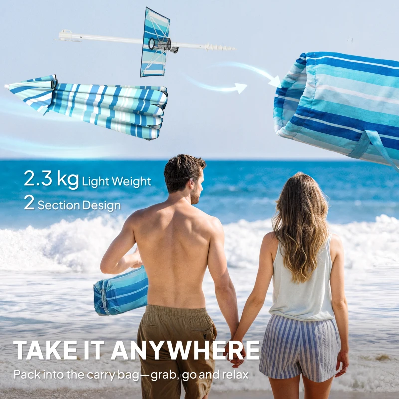 Outsunny 6 ft Portable Beach Umbrella with Foldable Table, Tilting Outdoor Sun Shade with Sand Anchor, Sandbag, Dark Blue