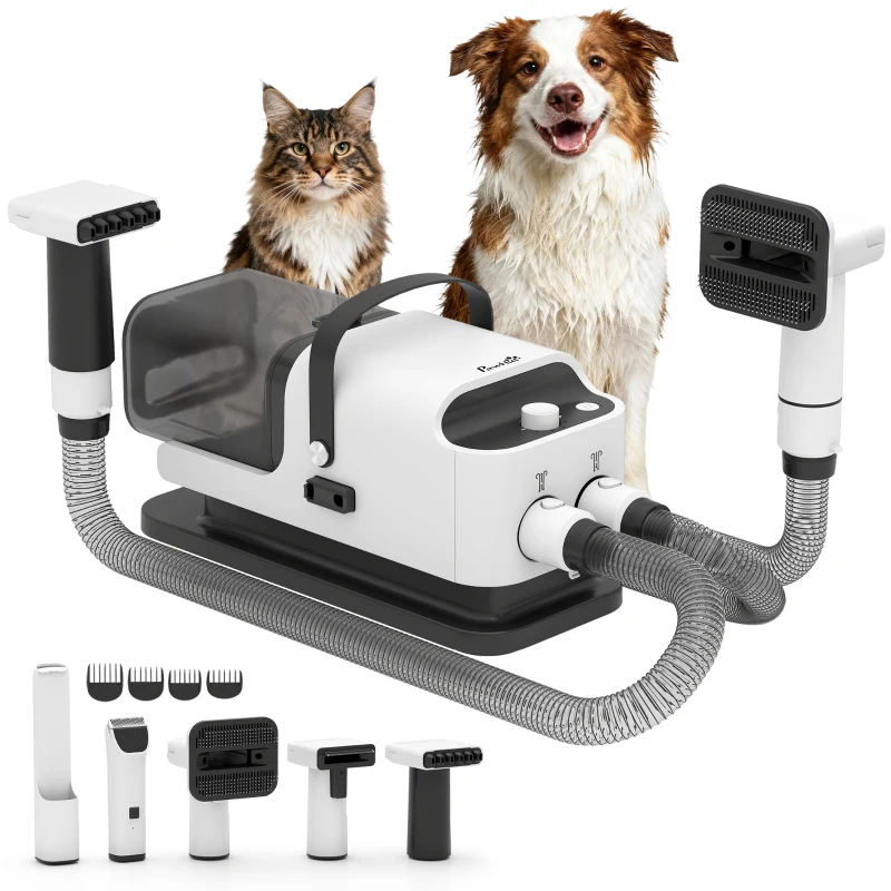 PawHut 5 in 1 Dog Grooming Vacuum & Dryer w/ Clipper, 50dB Low Noise, Adjustable Speed & Temp, 1.8L Canister