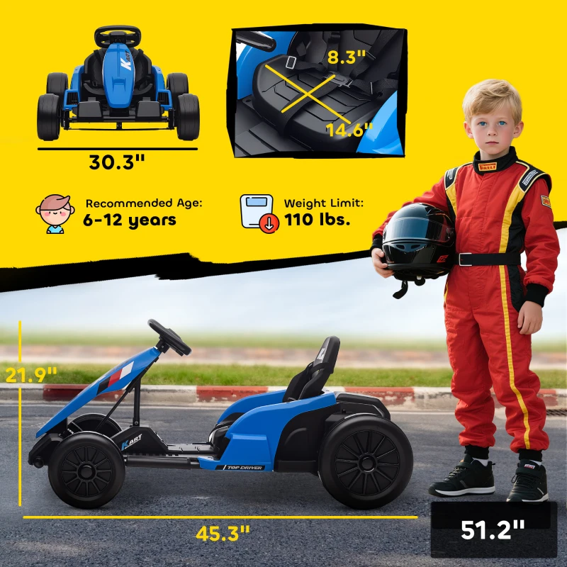Qaba 24V Electric Go Kart with Dual 150W Motors, Adjustable Seat & 11.2MPH High Speed, Slow Start, 5-Point Harness, Blue