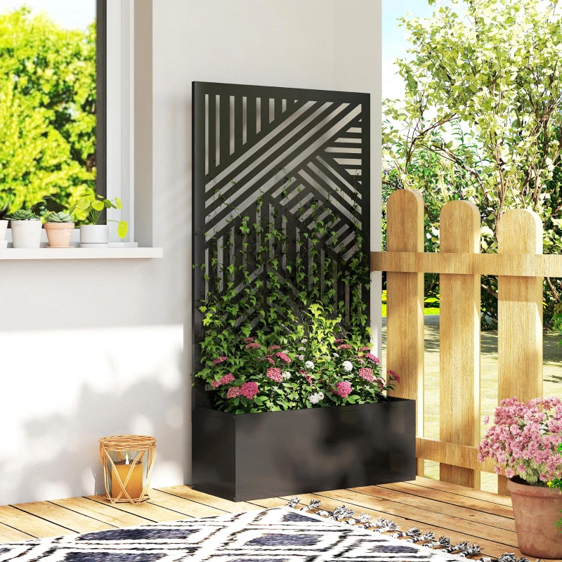Outsunny Metal Planter Box with Trellis, 44.5" Raised Garden Bed with Trellis Privacy Screen for Climbing Plants