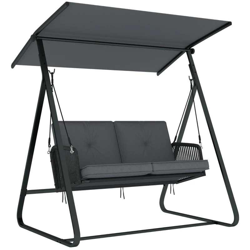 Outsunny 2-Person Outdoor Patio Porch Swing with Adjustable Canopy, Rattan Hanging Swing Bench with Soft Cushions