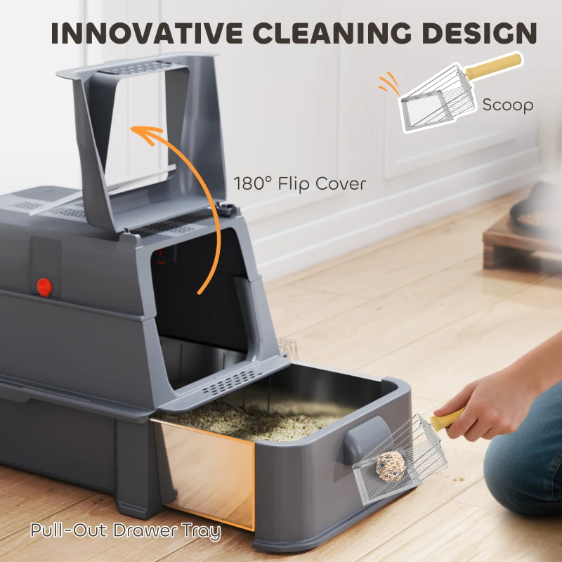 PawHut 80L XL Stainless Steel Cat Litter Box for Big Cats with Flip Cover, Pull-Out Drawer Tray, High Sided, Pedal, Dark Grey