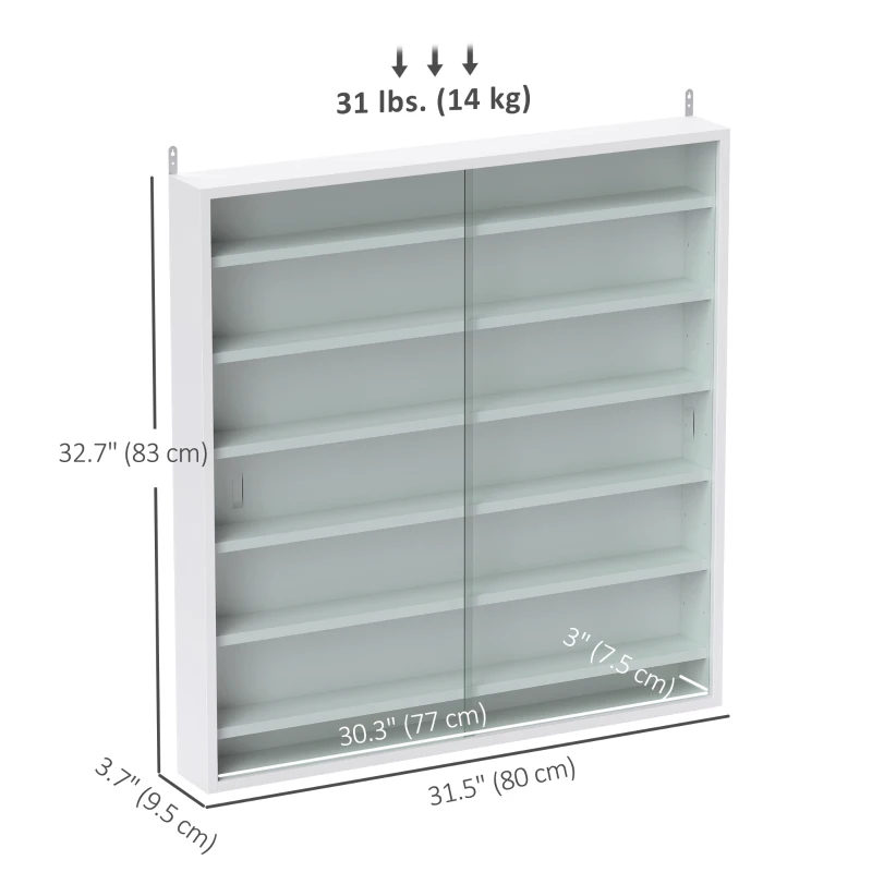 HOMCOM 7-Tier Display Cabinet, Shot Glass Display Case, Glass Curio Cabinet with 2 Glass Doors and 6 Adjustable Shelves, White