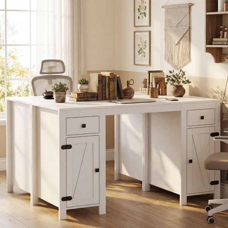 HOMCOM 53" Farmhouse Executive Desk, Computer Desk with Drawers and 2 Cabinets, Study Table for Home Office, White Wood Grain