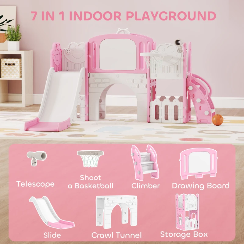 Qaba 7 in 1 Toddler Slide with Basketball Hoop, Climbing Frame, Telescope, Drawing Board, Storage Box for Ages 1-3, Pink