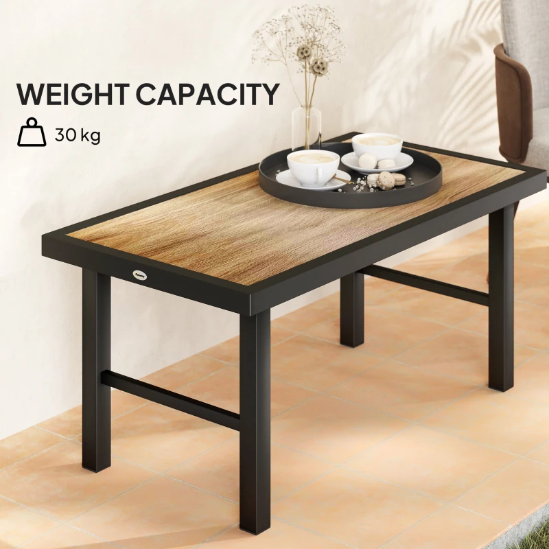 Outsunny Outdoor Side Table with SPC Woodgrain Tabletop, Metal Patio Coffee Table for Outside Garden, Brown