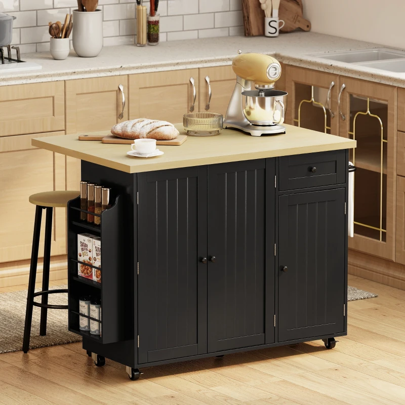 HOMCOM Kitchen Island Cart, Rolling Kitchen Island Table with Drop Leaf, Drawer, Spice and Towel Rack, Black