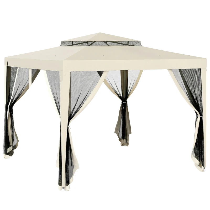 Outsunny 10' x 10' Canopy Tent, Party Tent with Mesh Netting and Double Tier Roof for Backyard, Garden, Patio, Outdoor, Beige