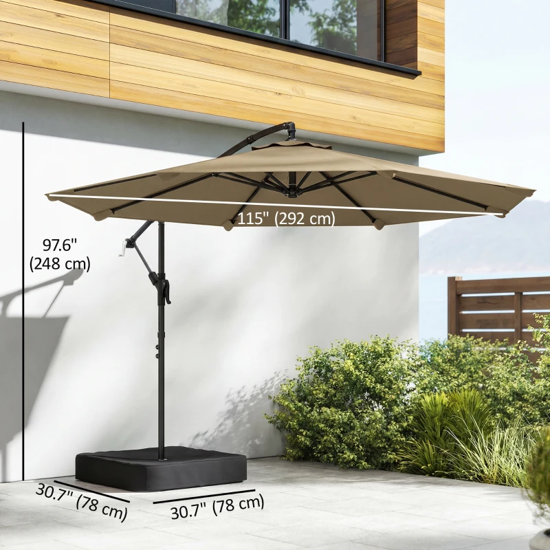 Outsunny 9.6 ft Offset Patio Umbrella with Sandbag, Garden Hanging Banana Cantilever Parasol with 360° Rotation, Khaki