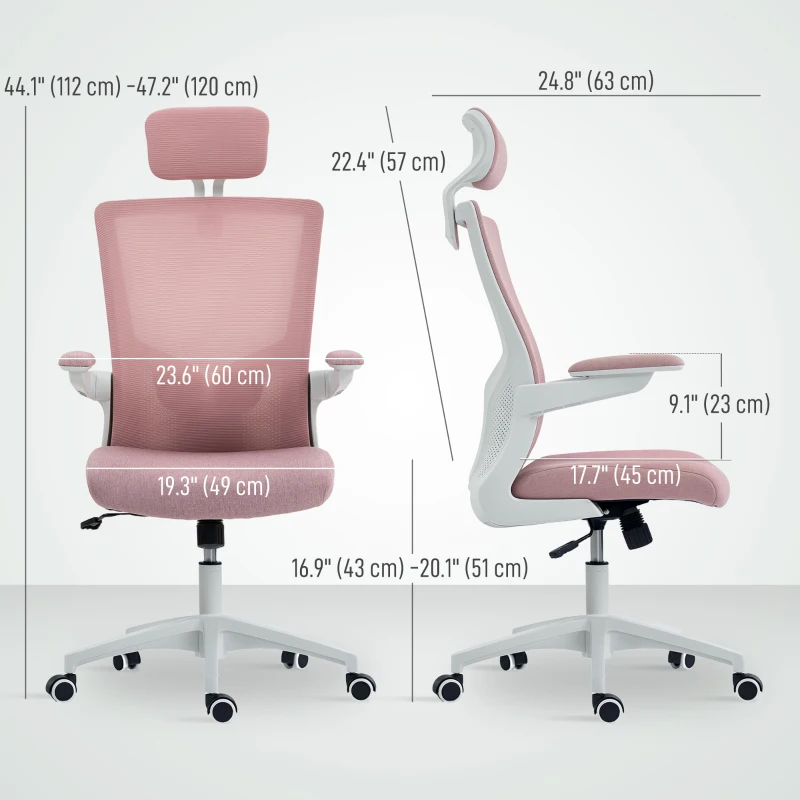 HOMCOM Ergonomic Office Chair, Swivel Desk Chair with Adjustable Lumbar Support, Headrest and Height, Flip-up Armrests, Pink